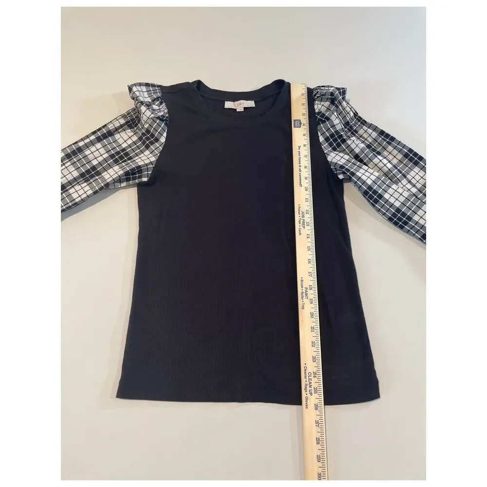 LOFT Black Knit Top Size M Plaid Puff Sleeves Cotton Blend Stretch
